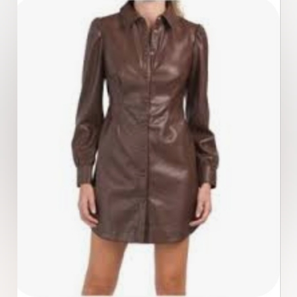 7 For All Mankind Brown Faux Leather Dress with puff sleeves and buttons Size L